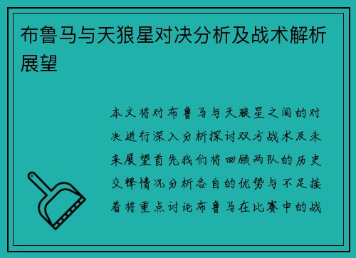 布鲁马与天狼星对决分析及战术解析展望